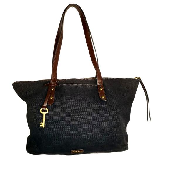 Vintage Fossil Canvas & Leather Hobo Tote Black/ Brown Key Bag Charm 16" - Picture 1 of 7